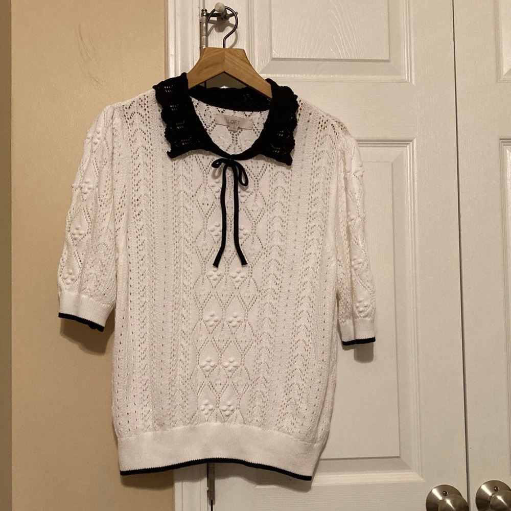 LOFT white and black collared pullover sweater